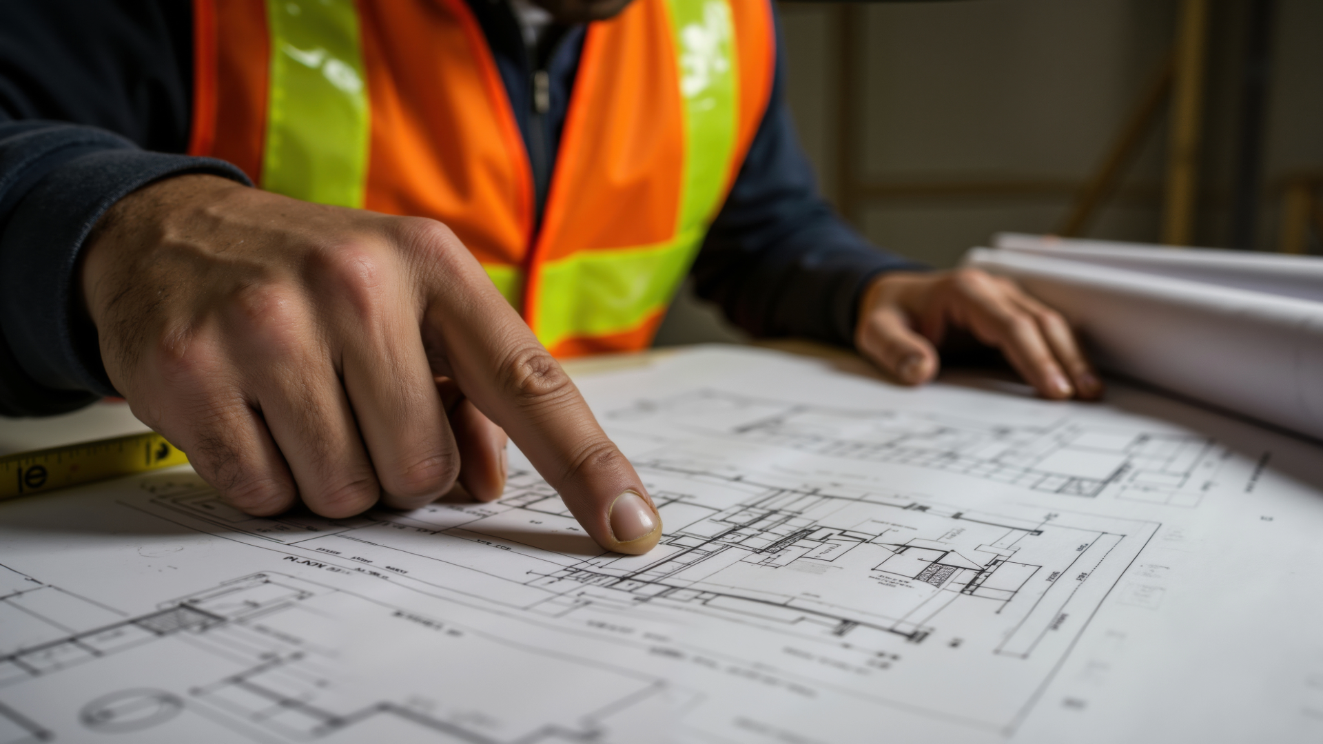 Contractor reviewing detailed blueprints for a Florida construction project