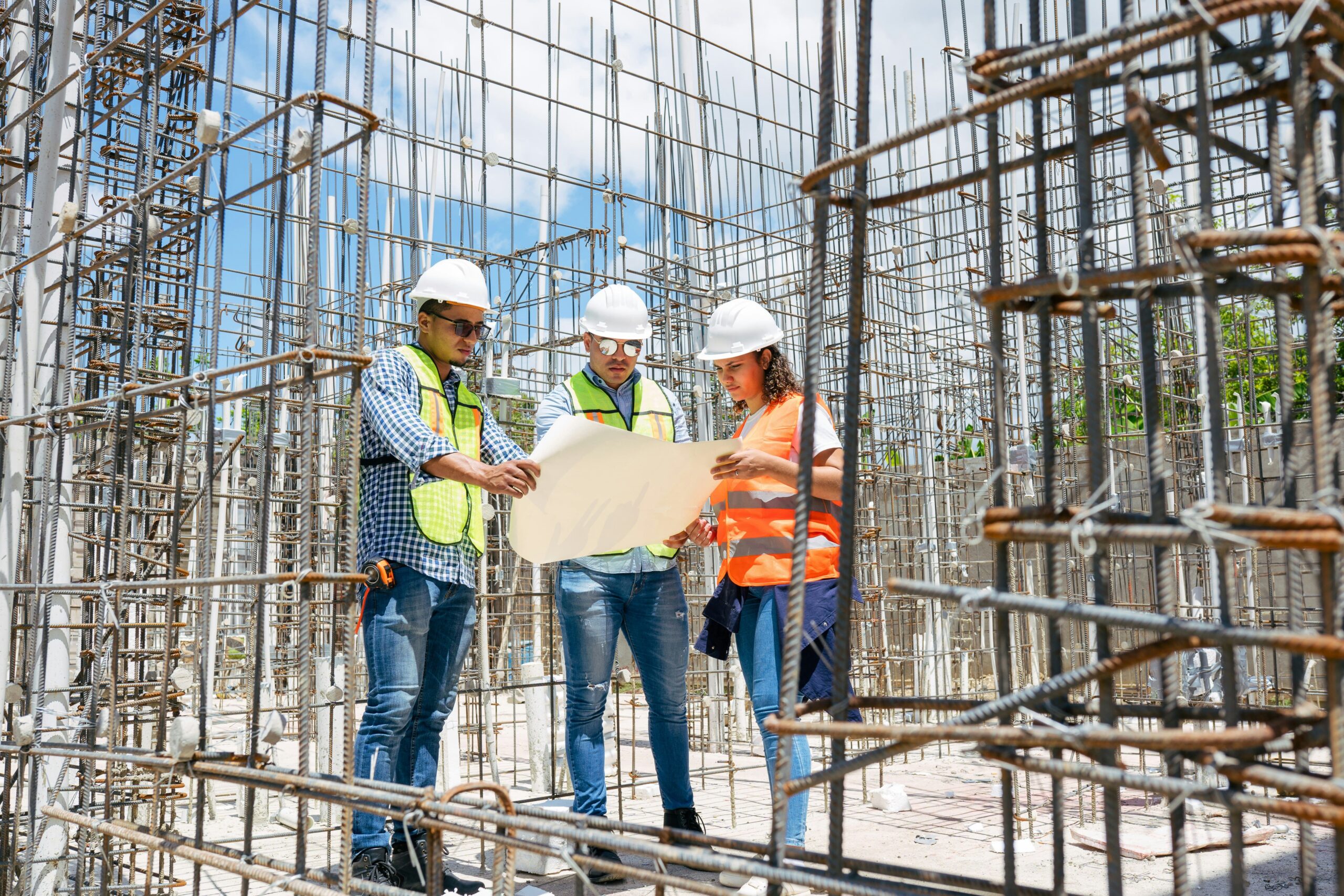 Three construction professionals standing at a site reviewing an architectural blueprint together.